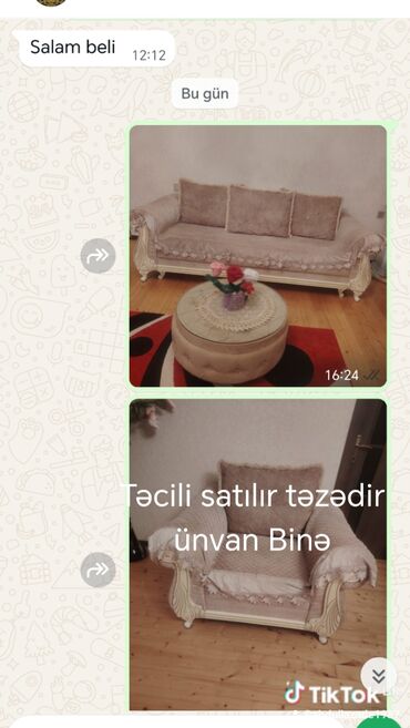 Divan və kreslo dəstləri: Bej rəngli, oymalı taxta çərçivəli divan və kreslo dəsti. Dəstə yumşaq