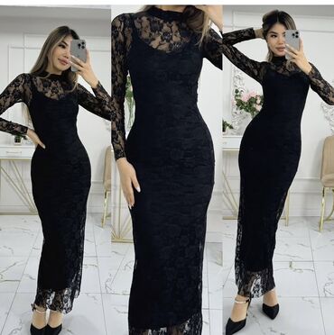 кружевное платье большого размера: Вечернее платье, Коктейльное, Длинная модель, С рукавами, S