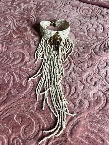 Bijuteriya: Boncuklu bohem üslublu boyunbağı (choker) - Rəng: əsasən krem-ağ — 1