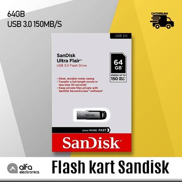 Аксессуары для ПК: Flaş kart Sandisk 64GB Usb 3.0 Ultra Flair Məhsulun təsviri Sandisk