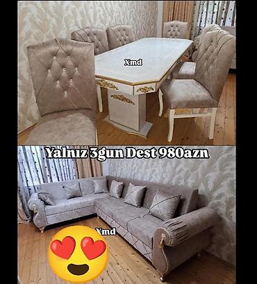 masa satilir: Qonaq otağı üçün dəst - Künc divan: yumşaq parça üzlü, zərif tikiş — 1