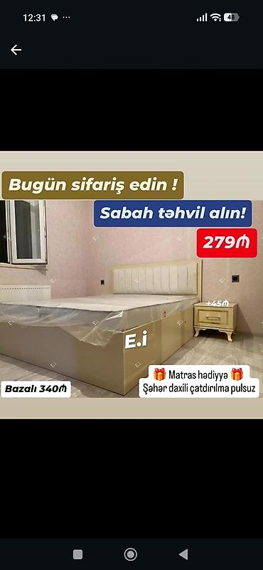 Mebel dəsti – yumşaq başlıqlı çarpayı və tumbə - Rəng: krem/bej