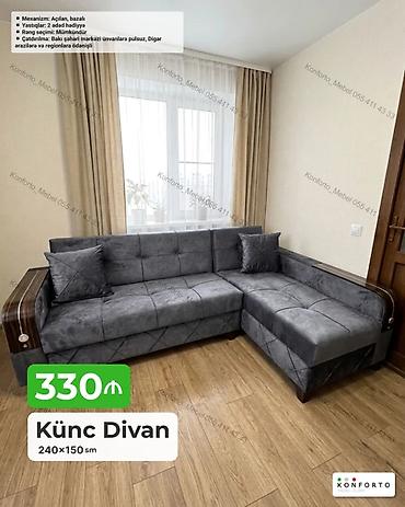 Divanlar: Künc divan – 240×150 sm - Mexanizm: açılan, bazalı (yataq funksiyalı — 1