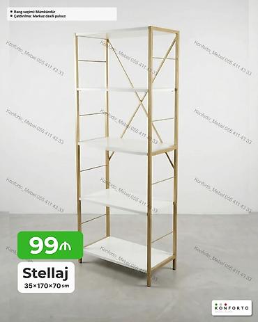 stellaj nədir: Stellaj Metal karkaslı və açıq tipli müasir stellaj. Ağ rəngli rəflər — 1