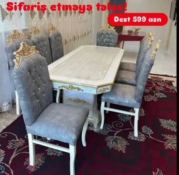 Masa və oturacaq dəstləri: Qonaq otağı üçün, Yeni, Açılmayan, Dördbucaq masa, 6 stul — 24