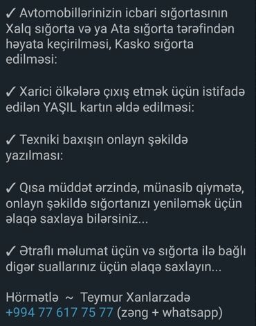 koyneye sekil vurmaq: İcbari və Kasko sığorta, Yaşıl kart, Texniki baxış. Avtomobillərin