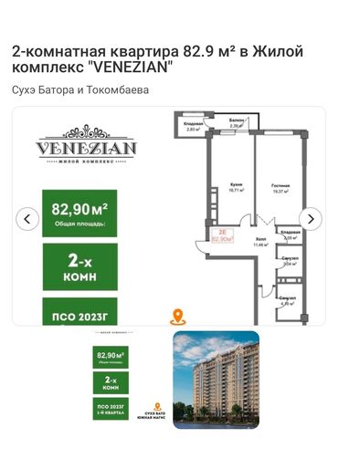 кв токмок: 2 бөлмө, 83 кв. м, Элитка, 11 кабат, ПСО (өзү оңдоп түзөтүп бүтүү үчүн)