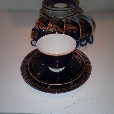 детские глубокие тарелки: Чайный набор, цвет - Синий, Кобальт, 6 персон, СССР