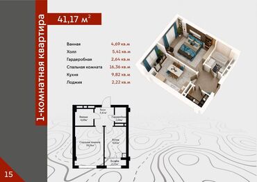 газ на дом: 1 бөлмө, 41 кв. м, Элитка, 9 кабат, ПСО (өзү оңдоп түзөтүп бүтүү үчүн)