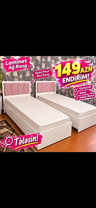 Müasir tək nəfərlik çarpayı – laminat, ağ rəngdə korpus, başlıqda lalafo.az -da Müasir tək nəfərlik çarpayı – laminat, ağ rəngdə korpus, başlıqda