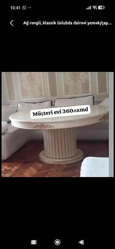 Ağ rəngli, klassik üslubda dairəvi yemək/çay masası. - Forma: dairəvi