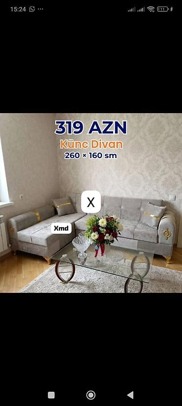 klassik divanlar: Künc divan – 260 × 160 sm. Rəng: açıq boz. Klassik naxışlı divar — 1
