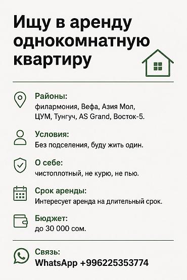 дать объявление: Ищу в аренду однокомнатную квартиру. Предпочитаемые районы — 1