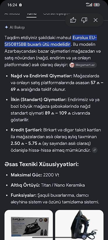 mini utu: Yalniz Whatsapla elaqe Eurolux Steam Iron EU-SI5081SBB buxarlı ütü - — 3
