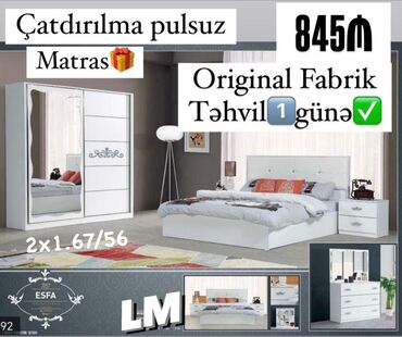 Yataq otağı dəstləri: Ağ rəngdə müasir yataq otağı mebel dəsti, yataq, iki tərəf masa
