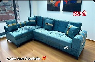 mavi divan: Künc divan dəsti – açılan baza, 2 ədəd paduşka ilə - Model: L‑şəkilli — 2