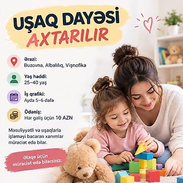 uşaq baxcası: UŞAQ DAYƏSİ AXTARILIR Ərazi: Buzovna, Albalılıq, Vişnofka Yaş həddi — 1