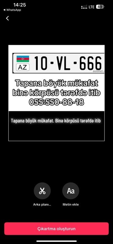 аренда авто под такси от частных лиц: İtirilmiş nömrə nişanı axtarılır: AZ 10-VL-666. Məlumat: - Azərbaycan