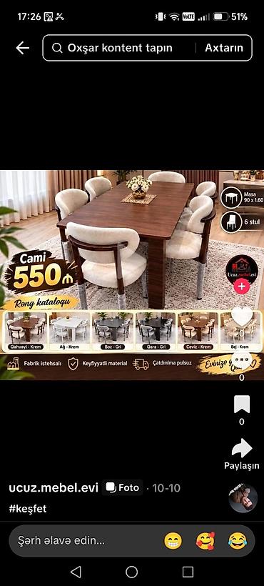 Yemək otağı dəsti – masa + 6 stul - Komplekt: 1 masa (90 x 160 sm) və
