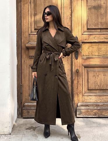 Plaşlar: Qadınlar üçün uzun trençkot – qəhvəyi - Material: süet effektili — 3