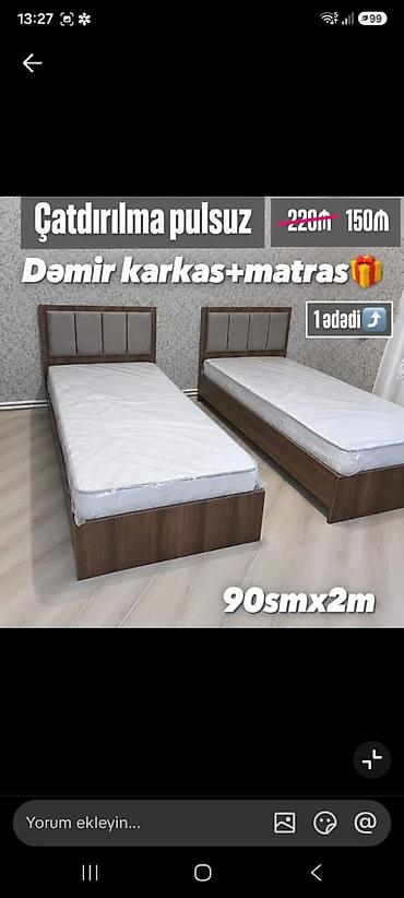 Tək nəfərlik çarpayı – dəmir karkas + matras ilə - Ölçü: 90 sm x 2 m -
