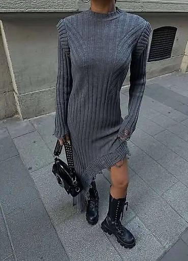 Haljine: Asimetrična rebrasta pletena haljina - Model: uska silueta, dugi — 3