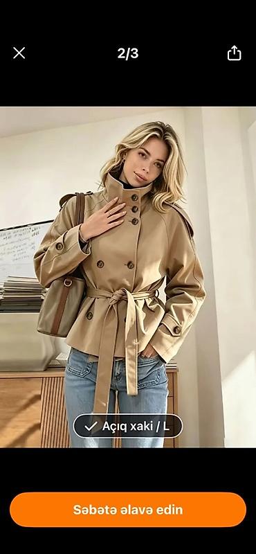 qisa don: Qısa trençkot – açıq xaki rəng, L ölçü - Stil: Klassik qısa trençkot — 2