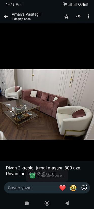 Divan 2 kreslo jurnal masası 800 azn. Unvan İnqilab (0200) aml