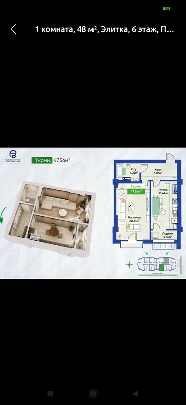 недостроеные дома: 1 комната, 48 м², Элитка, 6 этаж, ПСО (под самоотделку)
