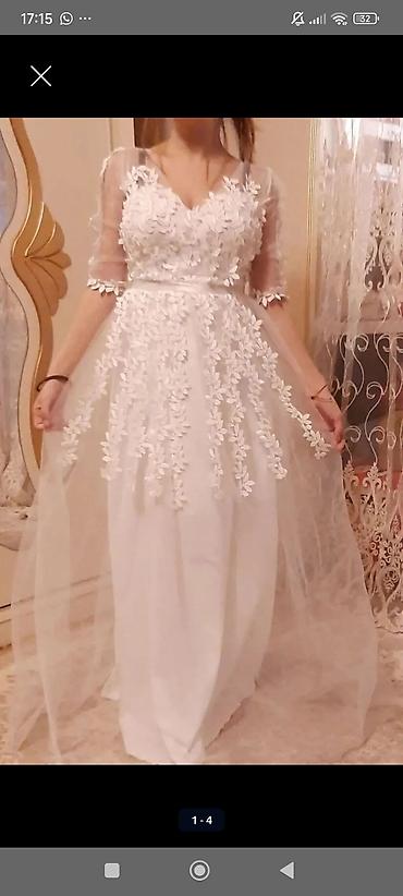 don formalari toy ucun: Ağ rəngli zərif ziyafət/nikah donu - Model: A-kesim, tül üstlük və — 1