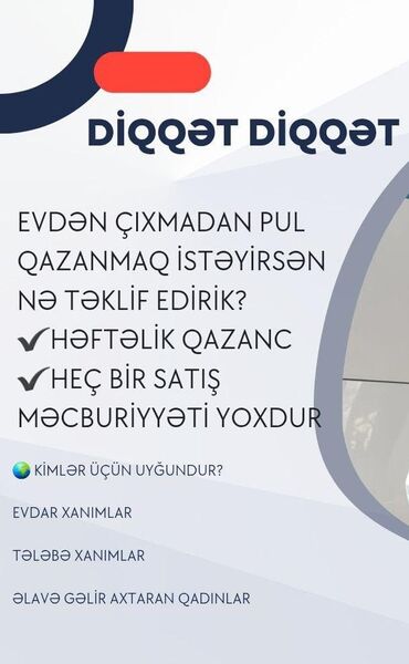 Медицина, фармацевтика: Evdən çıxmadan qazanc imkanı təklifi Təklif edilənlər: - Həftəlik