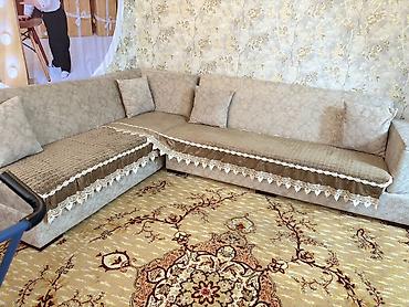Divanlar: L formalı künc divan - Rəng: açıq bej/krem tonlarında, naxışlı parça — 3