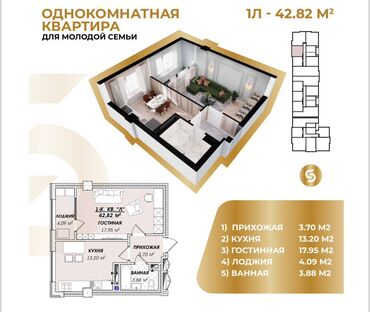 Продажа квартир: 1 комната, 43 м², Элитка, 9 этаж, ПСО (под самоотделку)