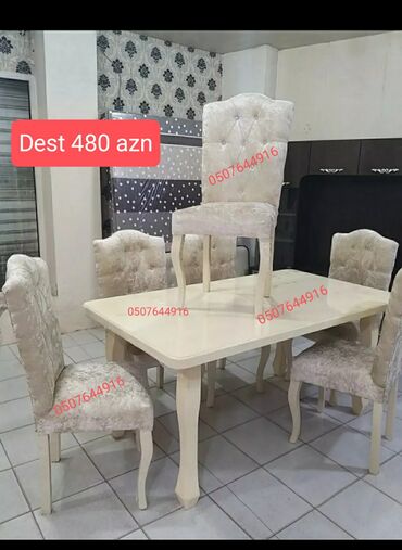 Masa və oturacaq dəstləri: Qonaq otağı üçün, Yeni, Açılmayan, Dördbucaq masa, 6 stul — 4