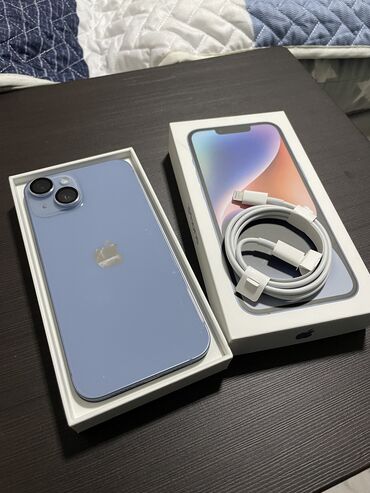 Apple iPhone: IPhone 14, Б/у, 128 ГБ, Голубой, Зарядное устройство, Чехол, Коробка, 88 %