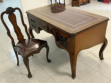 kožne stolice: Pisaći sto u intarziji + stolica (145 x 81 cm) – Dobro stanje 🪑 — 2