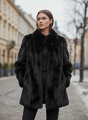 Шубы: Шуба черная,.мех кроликс капишоном — 1