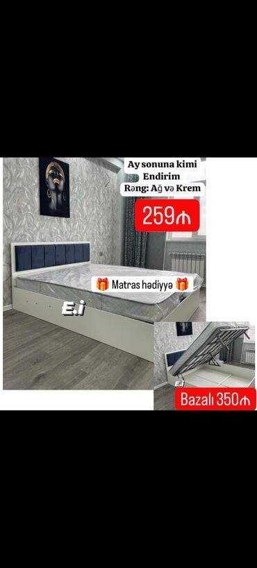 taxt bazalı: Новый, Двуспальная кровать, С подъемным механизмом, С матрасом, Без выдвижных ящиков, Турция