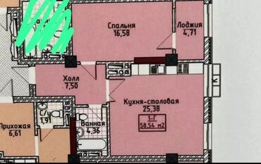 кыргызстан снять квартиру: 2 комнаты, 58 м², Элитка, 12 этаж, ПСО (под самоотделку)