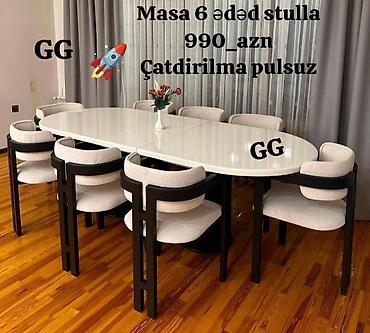 inter tekstil sumqayit: Yemək otağı dəsti – masa + 6 ədəd stul - Oval formalı, parlaq ağ — 1