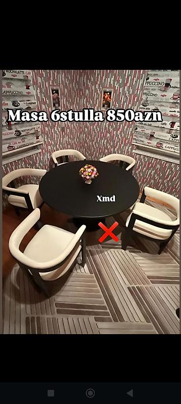 tək masa: Dairəvi yemək masası və 6 ədəd stul dəsti. - Masa: qara rəng, tək — 1