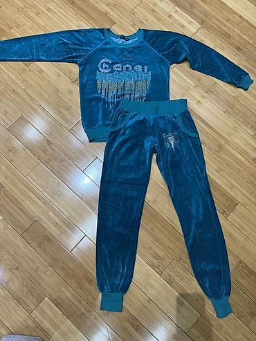 sport geyimler: Mavi rəngli iki hissəli velür idman dəsti - Material: yumşaq, parlaq — 3