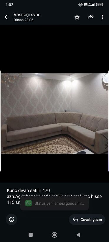 Divan və masa dəstləri: Künc divan, İşlənmiş, Açılan, Bazalı, Çatdırılma yoxdur