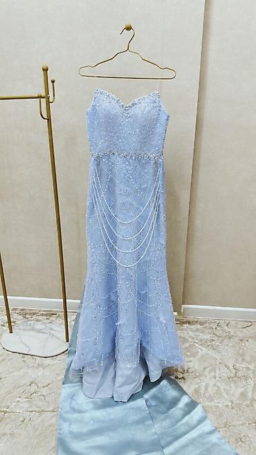 light blue: Вечернее платье, А-силуэт, Длинная модель, Атлас, Без рукавов, Шлейф, Стандарт — 1