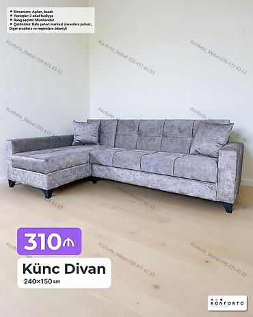 Ev üçün mebel: Künc divan – 240×150 sm - Mexanizm: Açılan, bazalı (yataq funksiyalı — 1