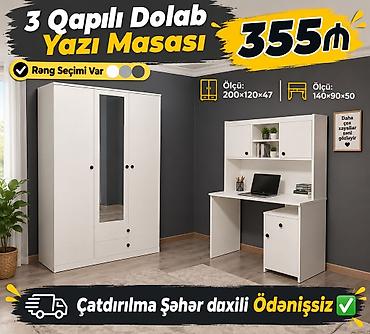 3 qapılı dolab + yazı masası dəsti - Qiymət: 355 ₼ - Rəng seçimi var