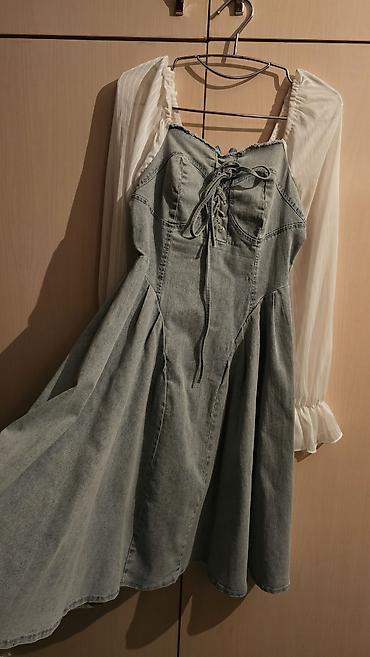 cins donlar: Denim paltar – şifon qol detalı ilə - Model: mini/midi uzunluqda — 4