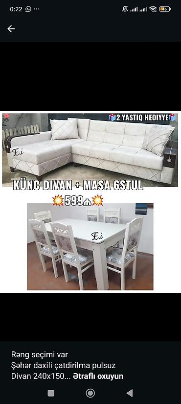 ustol ustul: Künc divan + masa və 6 stul dəsti - Komplekt: L‑şəkilli künc divan — 1
