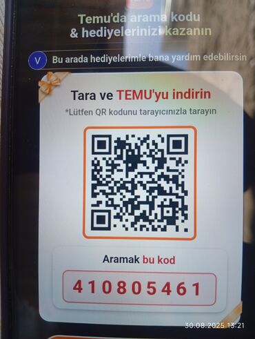 Çaydanlar: Temu tətbiqi üçün axtarış kodu və QR kodu. Bu koddan istifadə edərək