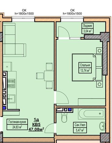 ск: 1 комната, 47 м², Элитка, 4 этаж, Без ремонта